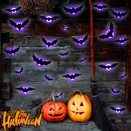Halloween 3D Lighted Bats, 2025 Halloween Must-Have Halloweens 3D Lighted Bats, Light up Batss for Halloweenn, Glowing Halloweenr Hanging Bat Decor, 3D Bat LED Decoration (24PCS)
