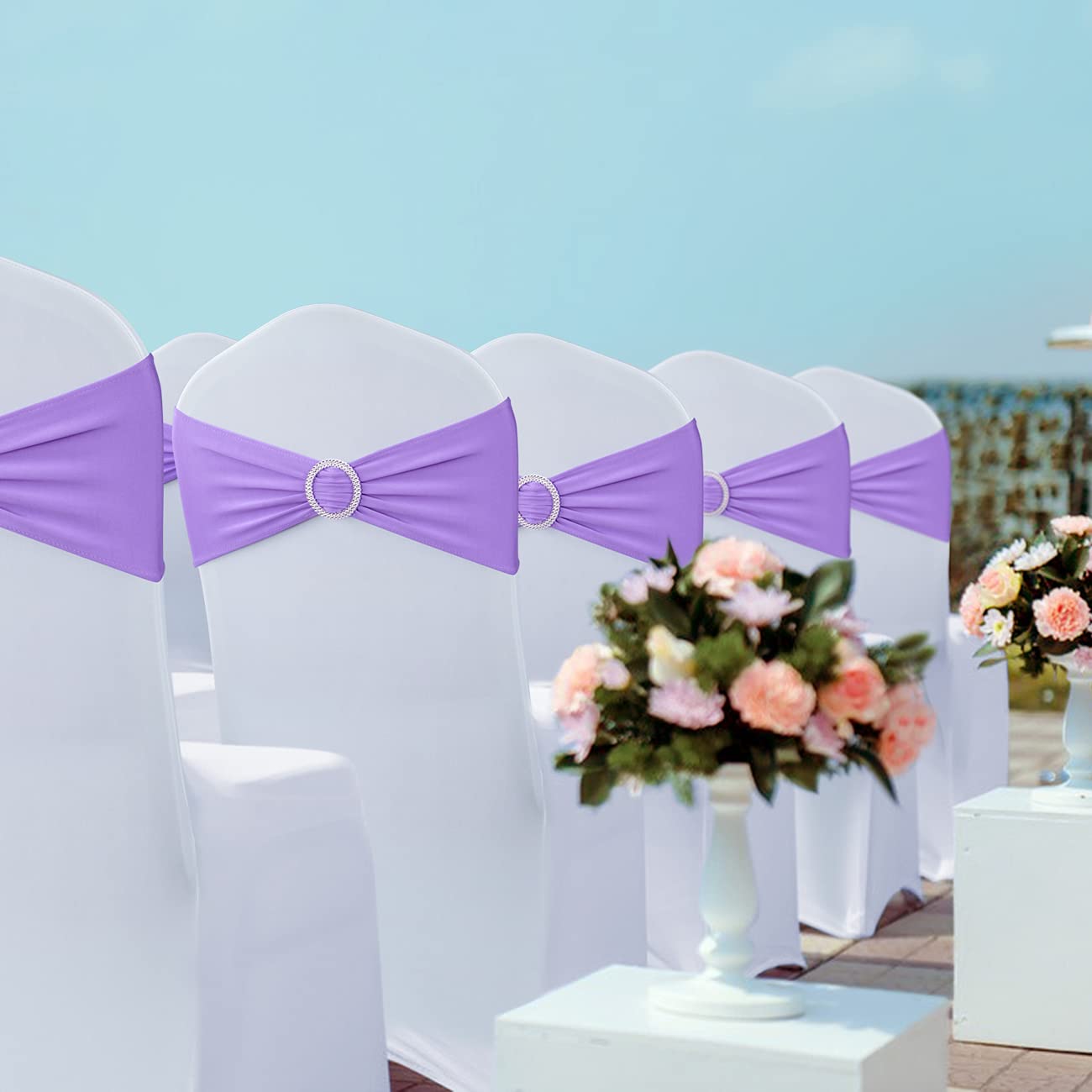 Babenest Spandex Chair Sashes Bows 100PCS Premium Stretch Chair Cover Band with Buckle Slider Universal Elastic Chair Ties for Wedding Party Ceremony Reception Banquet Decoration (Purple)