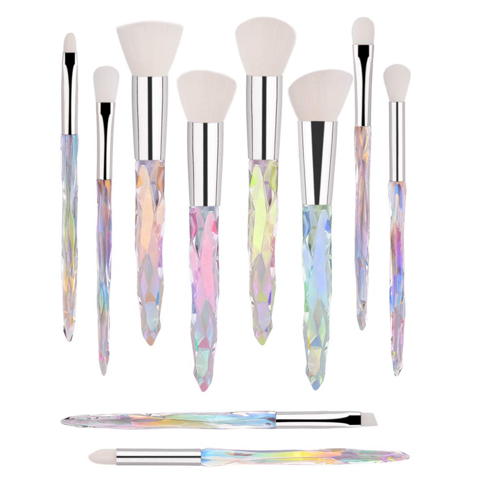 Makeup Brush Set 10 Piece Essential Make-up Brushes Kit for Powder Liquid Cream Cosmetics Blending Blush Concealer Brushes Transparent Plastic Handle (White)