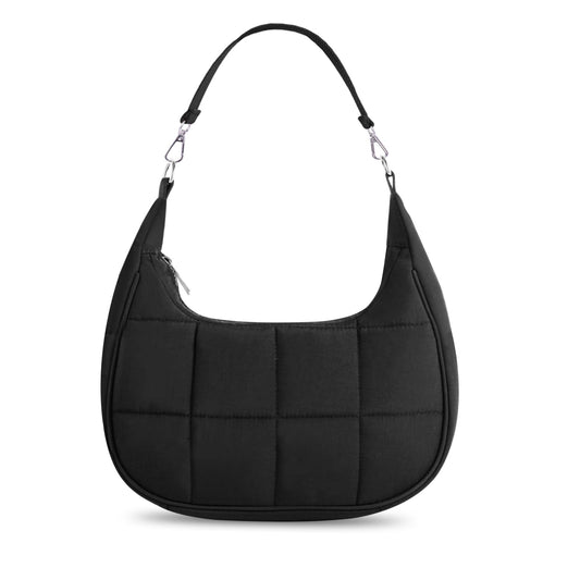 Puffy Crossbody Bags for Women, Small Puffer Crescent Shoulder Bag, Nylon Quilted Purse for Women with 2 Straps (Black)