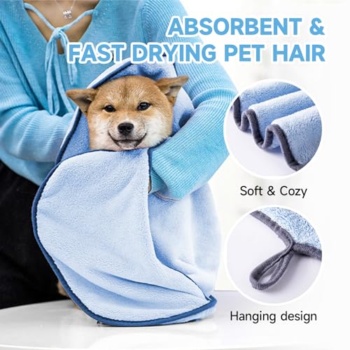 KUEIOX Dog Washing Gloves - Quick Drying Dog Towel,Cat Bath Grooming Gloves Brush with High-Density Teeth for Bathing Massaging，Absorbent Pet Bath Towel 30.3"x13.8" with Hand Pocket for Dog Cat Blue