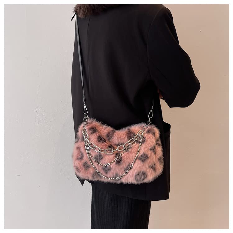 2022 New Leopard Print Plush Shoulder Cross-body Bag Fashion Chain One-shoulder Armpit Tote Y2K Purse Hobo Bag (Khaki)