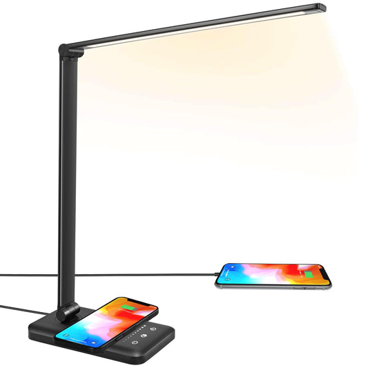 JOSTIC LED Desk Lamp with Wireless Charger, USB Charging Port, 10 Brightness, 5 Color Modes, Desk Lamps for Home Office, Dimmable Table Lamp Eye Caring Reading Light, Touch Control, Auto Timer, Black