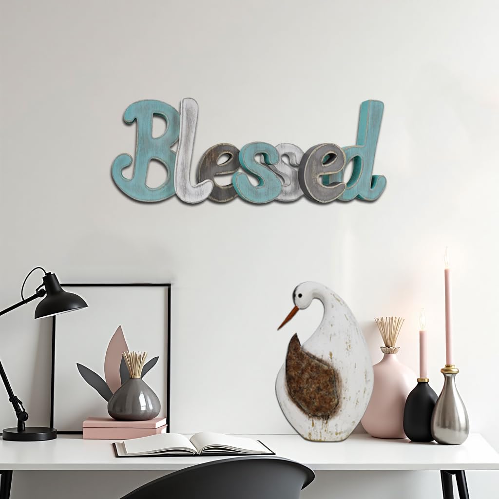 Teal Blessed Wooden Letters Wall Decor Freestanding Cut Out Decorative Wood Word Decor Signs for Living Room Shelf Mantel Table Top Rustic Home Decor