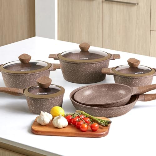 KASANOVA Pots and Pans set for cooking nonstick, 10Pcs, Durable Aluminum cookware set, PFOA-free, Kitchen pans set with glass lid, Induction safe, Taupe (10)