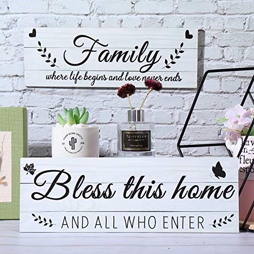 Jetec Wooden Family Signs Rustic Bless This Home Wood Family Decor Wall Art Farmhouse Entryway Decoration for Bedroom Living Room Office, 13.8 x 4.7 Inch (White)