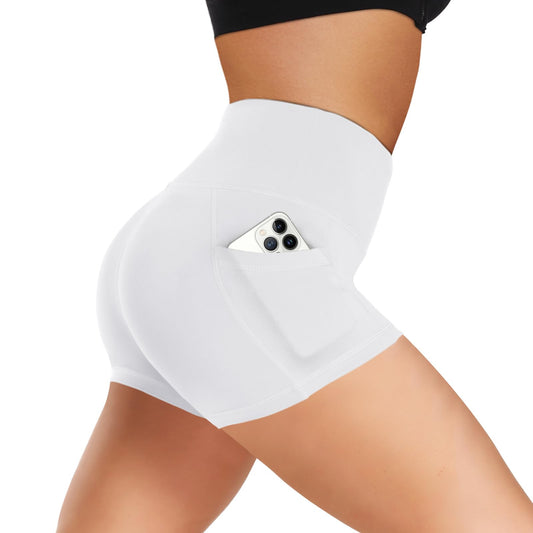 Biker Shorts Women with Pockets - 3"/5"/8" High Waisted Soft Tummy Control Workout Shorts for Yoga Athletic Gym White