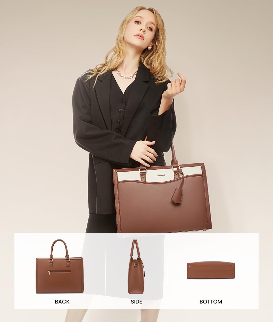 LOVEVOOK Laptop Tote Bag for Women, Leather Office Work Bag Briefcase fit for 15.6 inch Laptop, Large Teacher Computer Bag Handbag,2pcs Set Leather/Brown-White