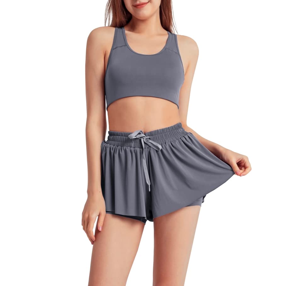 Womens 2 in 1 Flowy Shorts Quick-Dry Running Yoga Shorts Drawstring Fitness Workout Athletic Shorts Dark Grey S