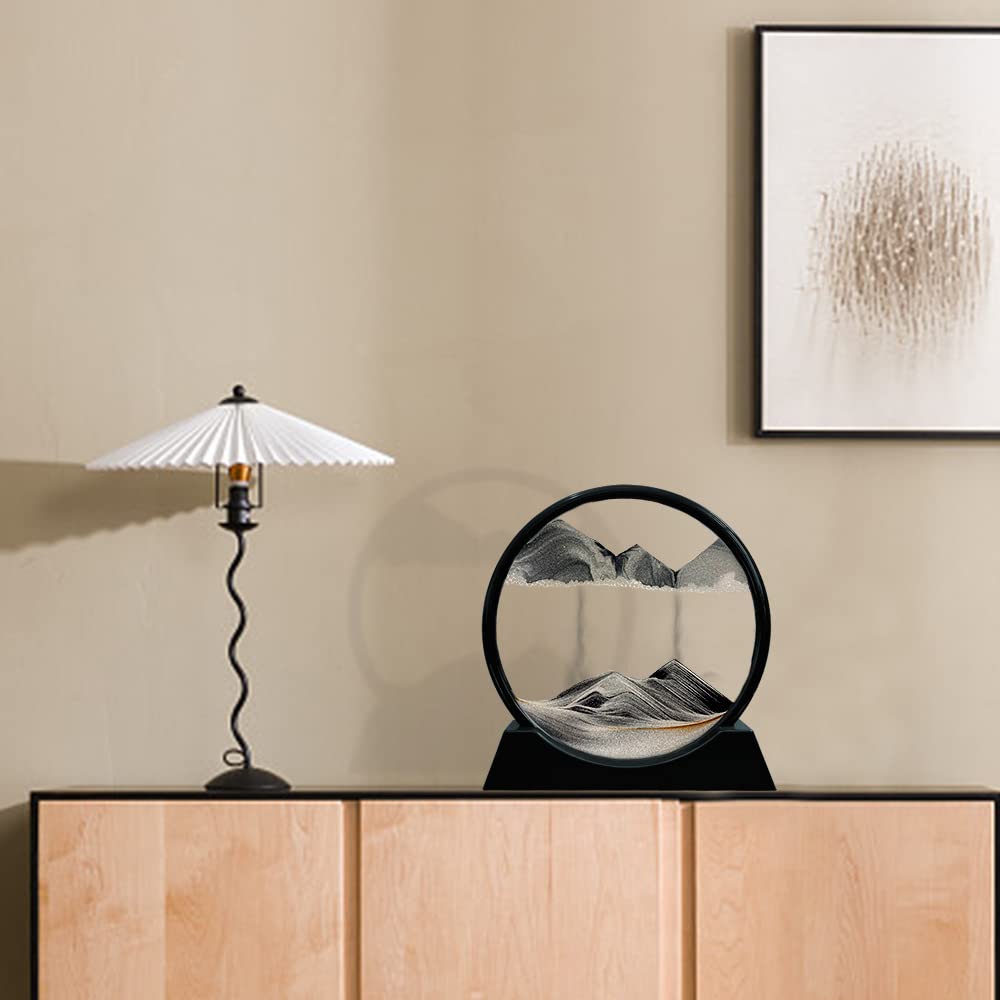 Aoderun Moving Sand Art Picture Round Glass 3D Deep Sea Sandscape in Motion Display Flowing Sand Frame Relaxing Desktop Home Office Work Decor (7", Black)