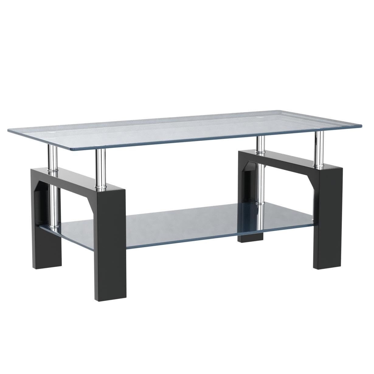 Btrpily Living Room Rectangle Coffee Table, Tea Table Suitable for Waiting Room, Modern Side Coffee Table with Wooden Leg, Glass Tabletop with Lower Shelf, 39.5D x 23.5W x 17.5H in, Black