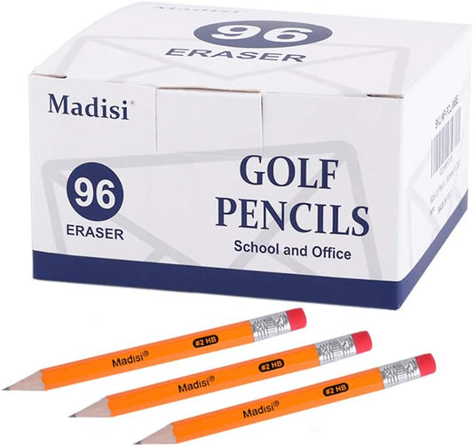 Madisi Golf Pencils With Eraser, #2 HB Half, 3.5" Mini, Pre-Sharpened, 96 Count