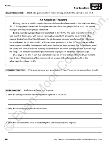 Evan-Moor Daily Reading Comprehension, Grade 5 - Homeschooling & Classroom Resource Workbook, Reproducible Worksheets, Teaching Edition, Fiction and ... Reading Comprehension, Grade 5, EMC 3615)