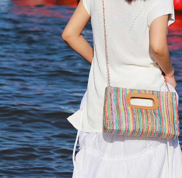 Straw Purse Top Handle Clutch Bag, Woven Beach Shoulder Crossbody Bag Raffia Handbag Raffia Summer Vacation Tote for Vacation, Parties, Wedding, Colorful