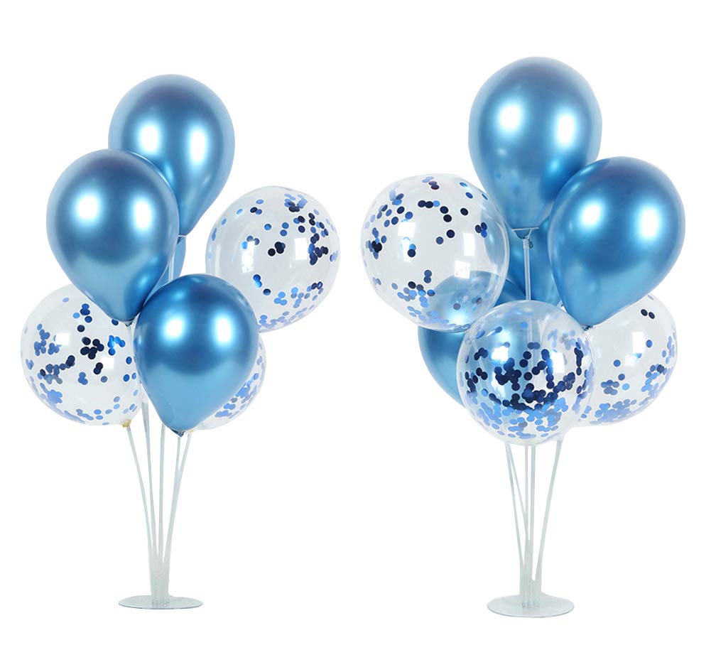 Blue Balloon Stand Kit Table Decorations - 2 Sets With 14 Sticks, Cups, 2 Base, 12 Metallic and 6 Confetti Balloons for Baby Shower, Graduation, Anniversary Party