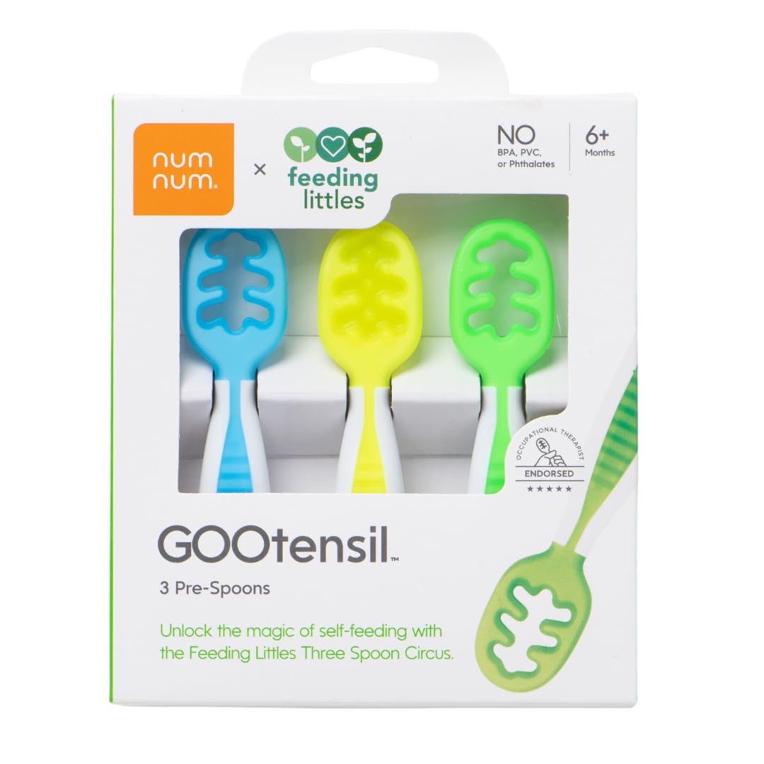 NumNum Baby Spoons Set, Feeding Littles x Silicone Pre-Spoon GOOtensils for Baby Led Weaning, Self-Feeding & Teething, First Stage Toddler Utensils for Ages 6+ Months, 3-Pack, BPA-Free (Neutrals)