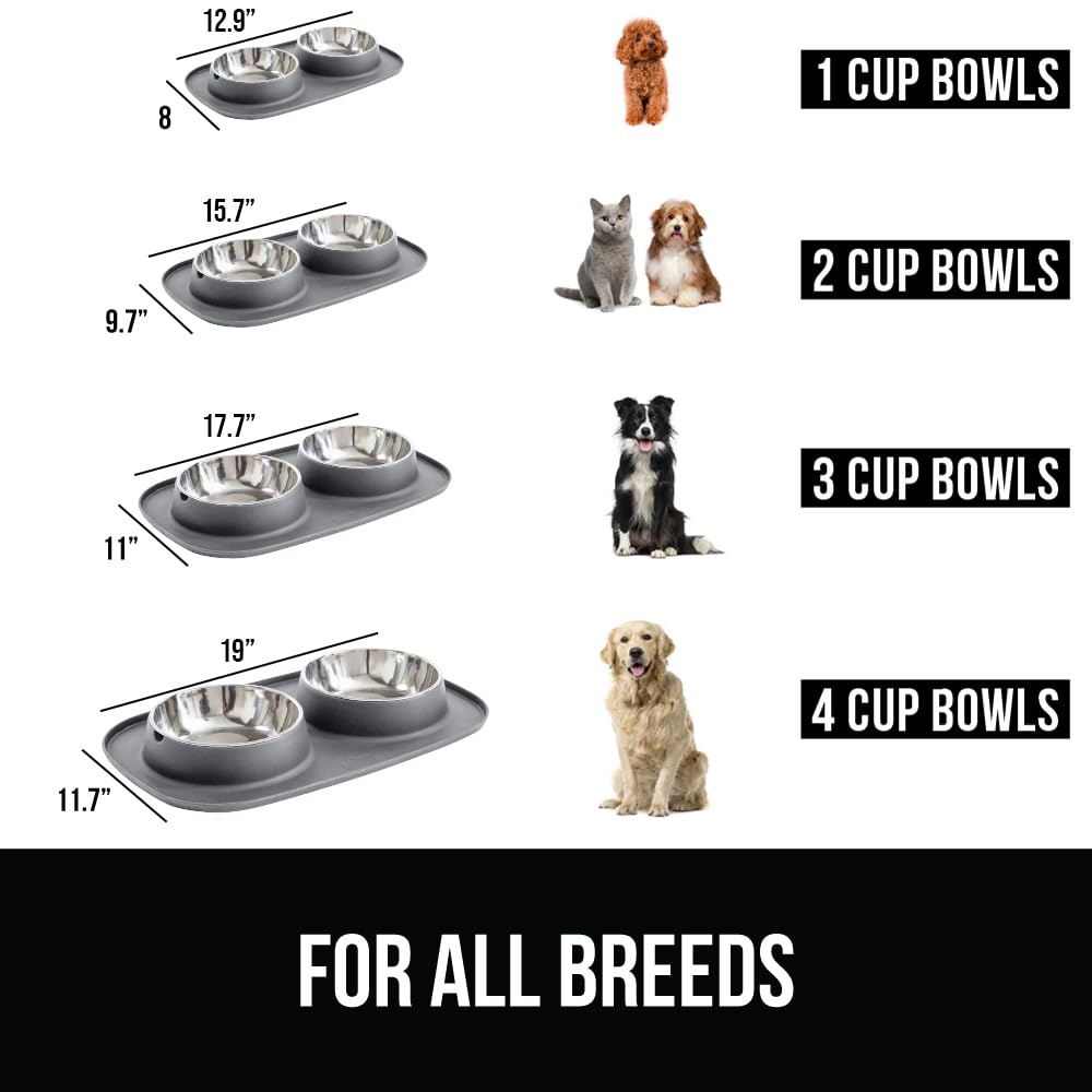 GORILLA GRIP Patent Pending 100% Waterproof BPA Free Cat and Dog Bowls Silicone Feeding Mat Set, Stainless Steel Bowl Slip Resistant Raised Edges, Catch Water, Food, Pet Accessories, 2 Cup, Gray