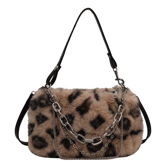 2022 New Leopard Print Plush Shoulder Cross-body Bag Fashion Chain One-shoulder Armpit Tote Y2K Purse Hobo Bag (Khaki)