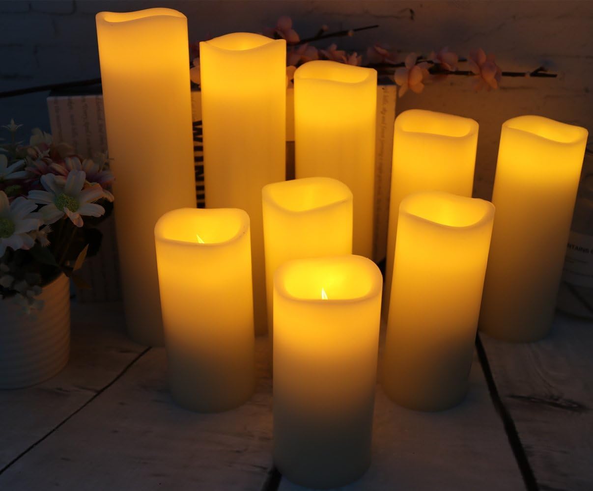 Unieasy Flameless Candles Battery Operated LED Candles with Timer and Remote, Pack of 9 Real Wax Pillar Candles Flickering Candle for Home & Holiday Romantic Decor,(H4.5"4.9"5.8"6.8"7.9"8.6" x D2.3")