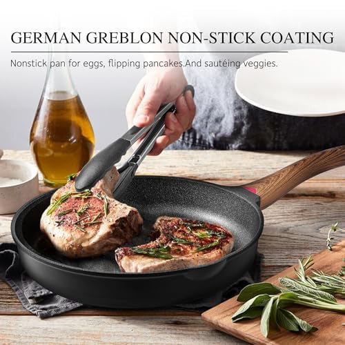 Vinchef Non Stick Frying Pan with Lid,9.5 Inch Anti Scratch Skillet Cast Aluminum Cookware, Induction Compatible Black