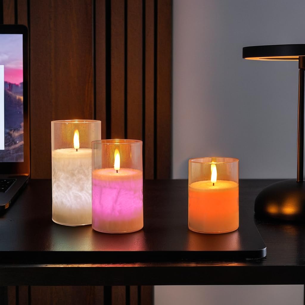 NICEME 12 Multi Colored Flickering LED Flameless Candles with Remote Control Timer Color Changing Candles Real Wax Battery Operated Candles with Flickering Flame Crystal Texture Design, D3”xH4 5 6”