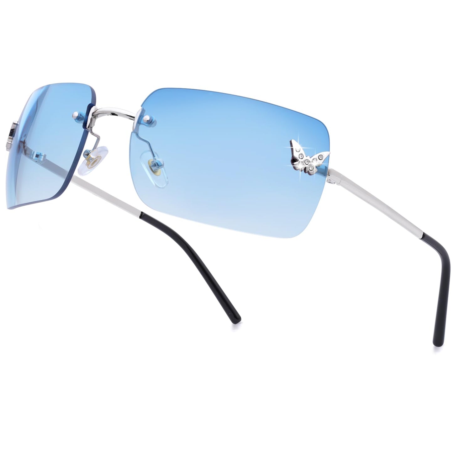 knliwkm Lentes de sol rectangulares Y2k sin montura para mujeres y hombres, lindos lentes tintados transparentes sin marco 2000S, tonos de moda mariposa