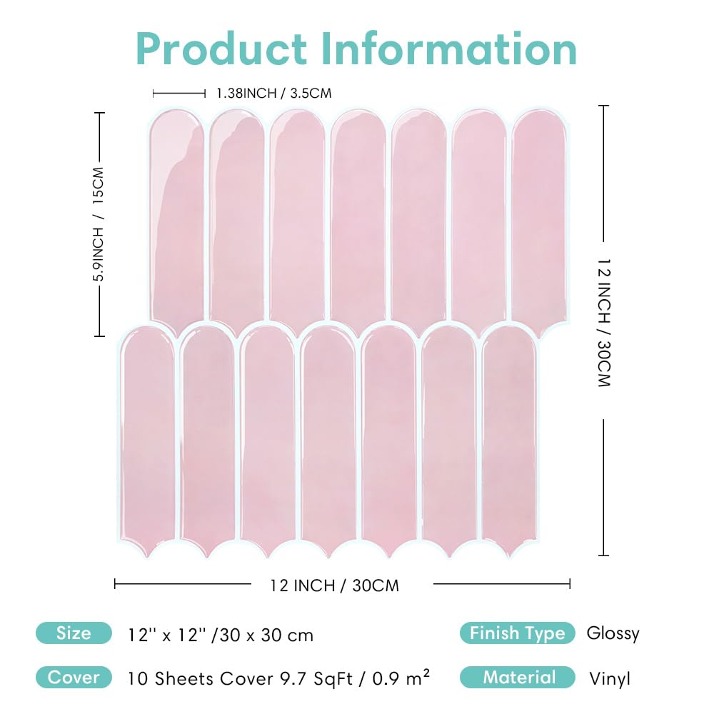 Commomy Thicker Pink Peel and Stick Backsplash - 10 pcs of 12" x 12" - 3D Adhesive Peel and Stick Tiles Backsplash for Kitchen, Bathroom, Removable, Waterproof, Vinyl Wall Tile