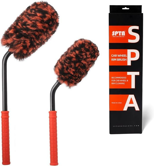 SPTA Angled Car Wheel Brush Set, 2Pcs Car Detailing Cleaning Brush Synthetic Wool Rim Cleaner Brush, Flat Spoke Brush, Metal Free Rim Tire Detail Brush, Remove Brake Dirt Behind Your Rim Accessories