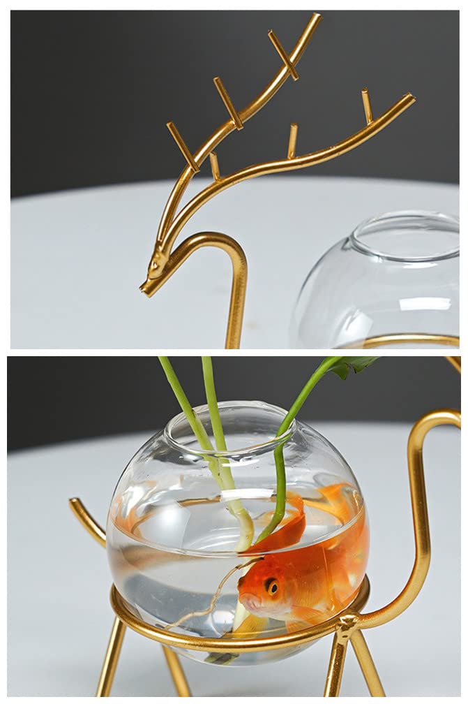 Radefasun Desktop Deer Plant Vases Small Glass Flower Vase with Gold Metal Stand Propagation Station Plant Holder for Home Wedding Decor