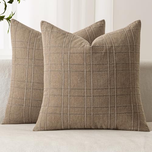 MIULEE Decorative Linen Check Euro Shams Throw Pillow Covers Neutral Farmhouse Vintage Pillow Covers 22x22 Inch Set of 2 Boho Modern Home Decor for Sofa Couch Bedroom Cushion Chair Light Brown