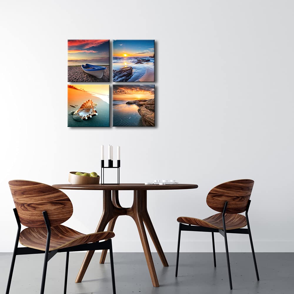 Pyradecor Sunset Sea Beach Modern Seascape Pictures Paintings on Canvas Wall Art 4 Panels Stretched Canvas Prints Artwork for Living Room Bedroom Home Office Decorations