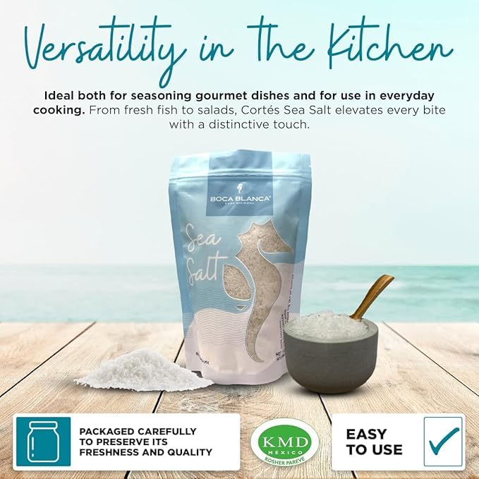Boca Blanca – Premium Mineral Sea Salt, 100% Natural Sea of Cortés Salt, Sal de Mexico del Mar de Cortez, Pure Sea Salt Ideal for Culinary Purposes - Sal de Mar en Grano Natural - Chemical Free,16 Oz Resealable Pouch