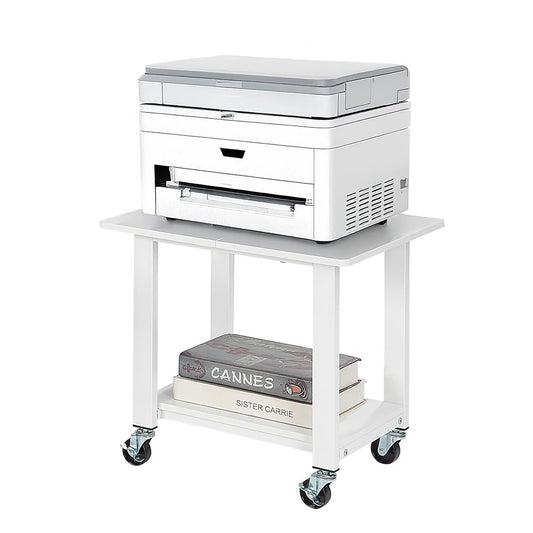 SunnyPoint 2-Tier Under Desk Printer Stand with Storage Shelf and Steel Frame, Industrial Mobile Printer Cart Holder with Lockable Wheels for Home and Office (WHT)