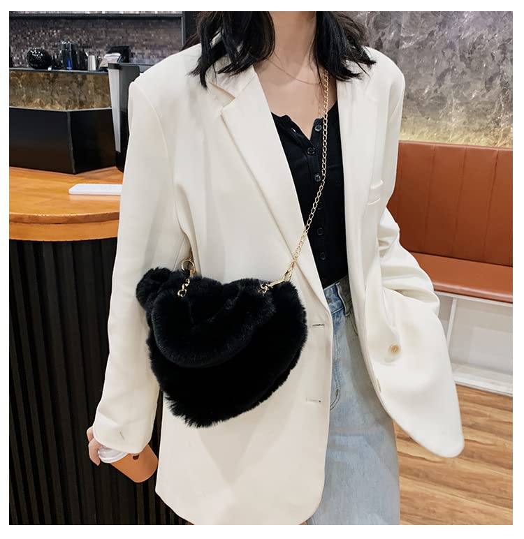 Rejolly Heart Shaped Purse for Women Fluffy Furry Bag for Girls Faux Fur Fuzzy Handbag Soft Small Valentine's Day Shoulder Bag with Chain Strap Black