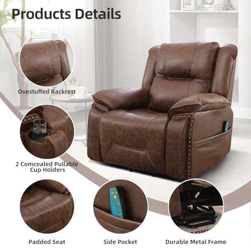 Phoenix Home Dual Motor Power Lift Chair for Elderly, Lift Chairs with Massage and Heat, Faux Leather Electric Chairs for Adults, Recliner Chair with USB, 2 Concealed Cup Holderss, Chestnut Brown