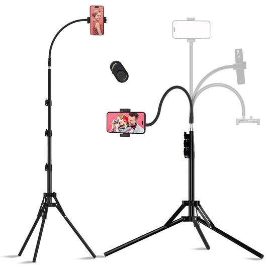 Phone Tripod, 6.75 FT Tall Phone Tripod Stand with Flexible Gooseneck, Overhead 360°Adjustable Tripod with Phone Holder, Compatible with iPhone 16 Pro Max/Plus/16/15/14 for Video Recording