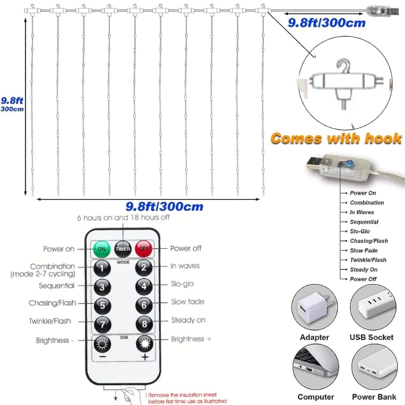 Honche 300Led Cuttable Curtain String Lights 10x10ft with Remote Window Lights for Bedroom Wedding Party Festive Season Propose Marriage (Colorful)