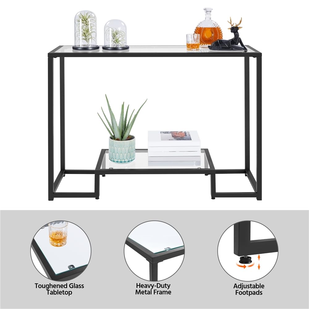 Yaheetech 42 Inch Console Table, Tempered Glass Entryway Table, 2-Tier Sofa Tables with Storage Shelves, Entrance Tables for Hallway Living Room, Black