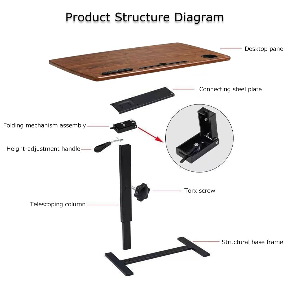 Over Bed Table Pneumatic Adjustable Height Stand Desk with Hidden Casters Foldable Mobile Laptop Computer Standing Desk with USB Ports Pad