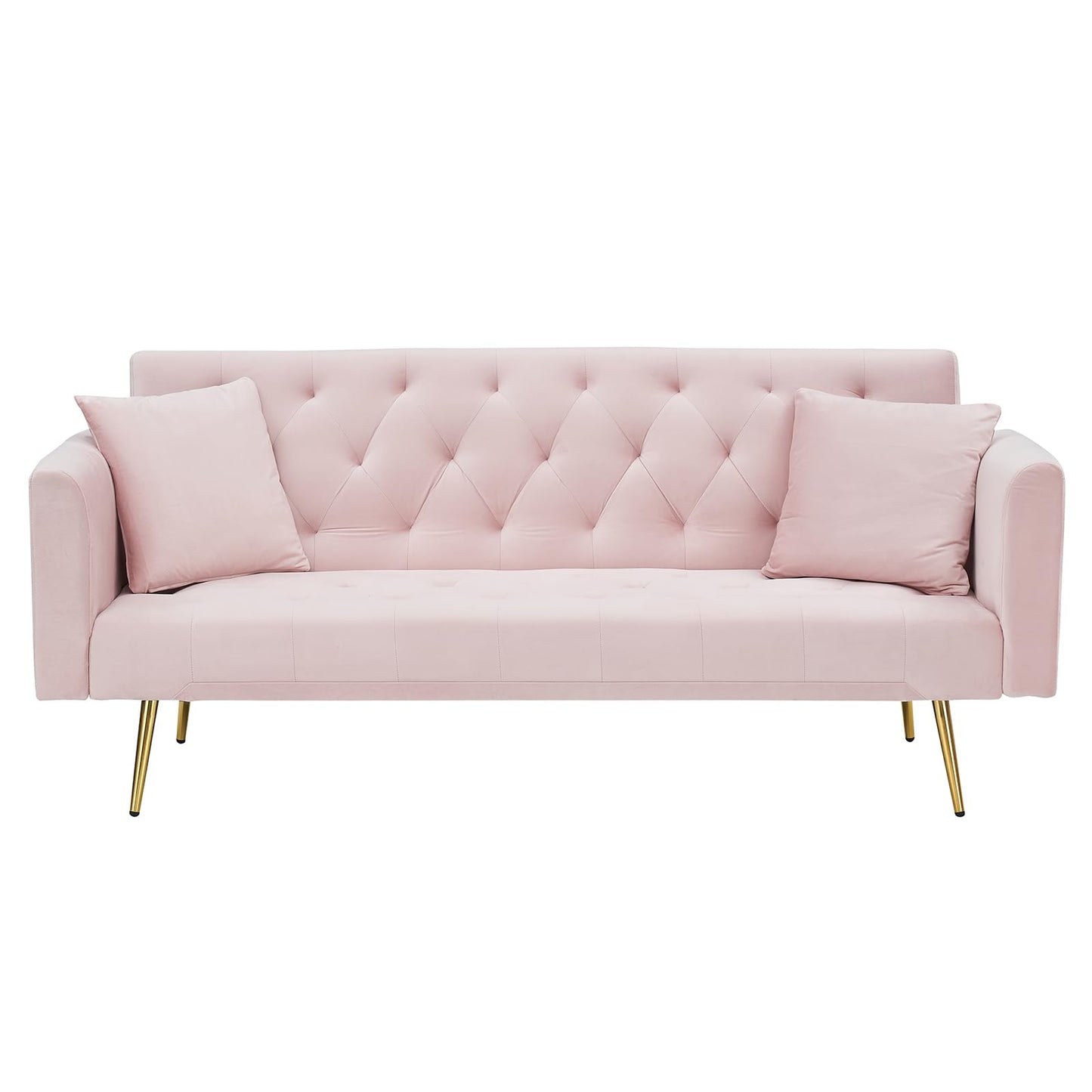 71" Modern Velvet Sofa Bed Futon, Convertible Sleeper Couch with Adjustable Backrest, Tufted Recliner Loveseat with Golden Chrome Legs & 2 Pillows for Small Spaces, Living Room, Apartment (Pink)