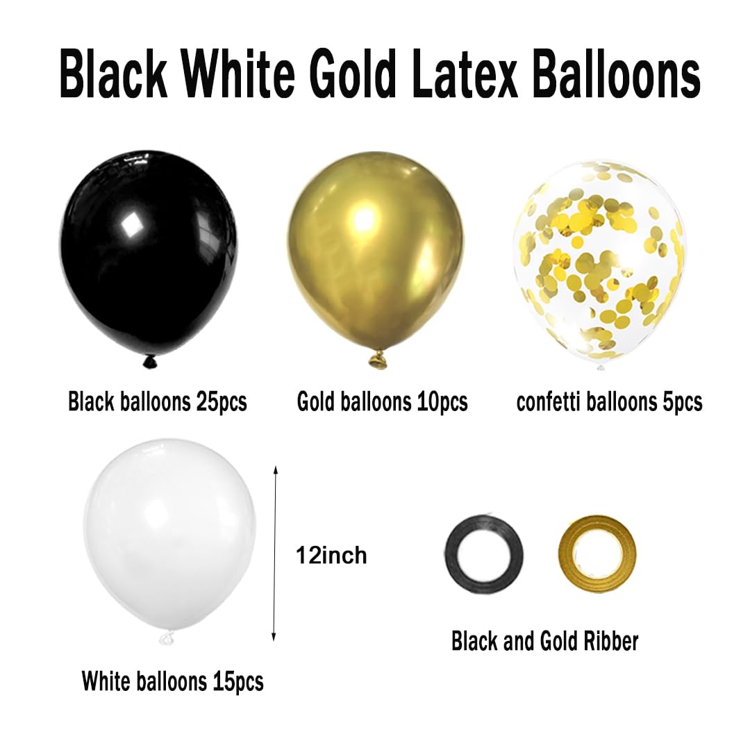 Black and Gold Balloons,50pcs 12 Inch Black White Gold Confetti Balloons Set,Black Gold Latex Balloons for Graduation Birthday Wedding Anniversary Party Decorations