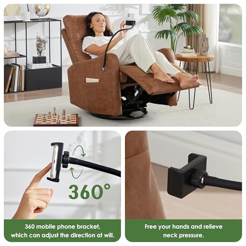 AYEASY Oversized Leather Recliner Chair with Phone Holder, Swivel Rocking Reclining, Ergonomic Lazy Boy Recliner Chair with Lumbar Support, Manual Glider Sofa Chair for Living Room, RV, Brown