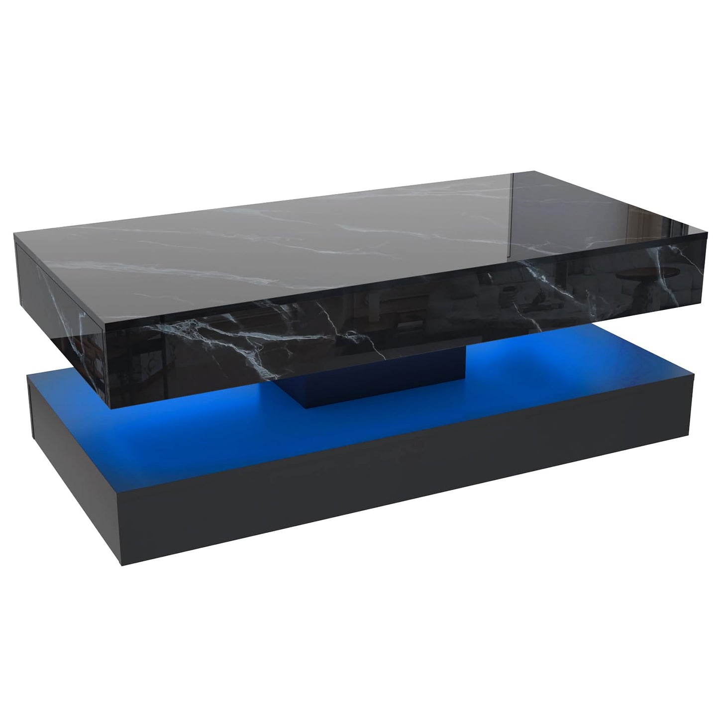 chartustriable 47inch Large High-Glossy LED Coffee Table with 2 Sliding Drawers, Living Room Storage Tables with Marbling Print, Modern Stylish Double-Layer Center Tables w/LED Lights, Black