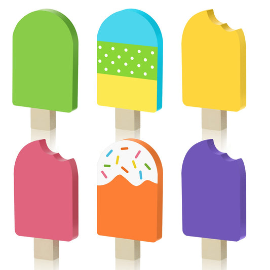 Jetec 6 Pcs Summer Decor Wooden Ice Cream Tiered Tray Decor Summer Table Centerpieces Rustic Colorful Ice Cream Tabletop Block Signs for Farmhouse Home Shelf Office Kitchen Decoration