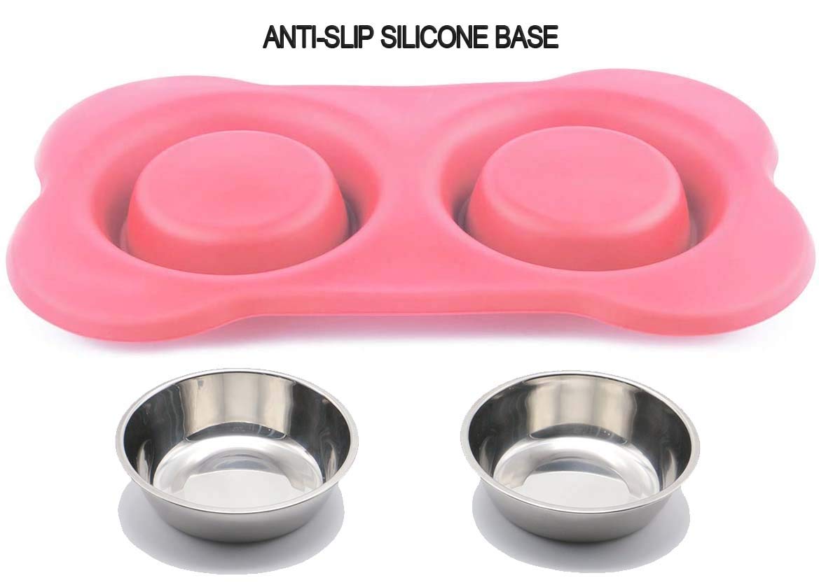 AsFrost Dog Food Bowls Stainless Steel Pet Bowls & Dog Water Bowls & Cat Bowls for Food and Water No-Spill Non-Skid Silicone Mat, Feeding Bowls with Dog Bowl Mat for Dogs Cat Dood Dish, Pink, 12oz