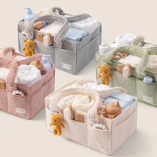 Sweety Fox Baby Diaper Caddy Organizer with Handle - Portable Sherpa Nursery Basket - Car Diaper Organizer, Cleaning Caddy, Gift for Baby Shower - Pink