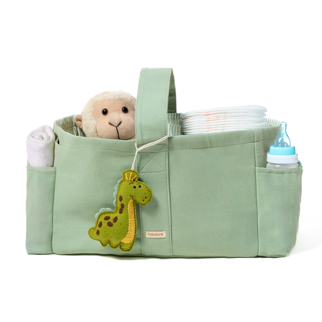 Folkulture Baby Diaper Caddy | Cotton Diaper Bag for Kids - Stylish Comfort Spacious Travel Essential Cart | Nursery Storage Bin and Car Organizer for Diapers, Wipes - (Sage Green - 15")