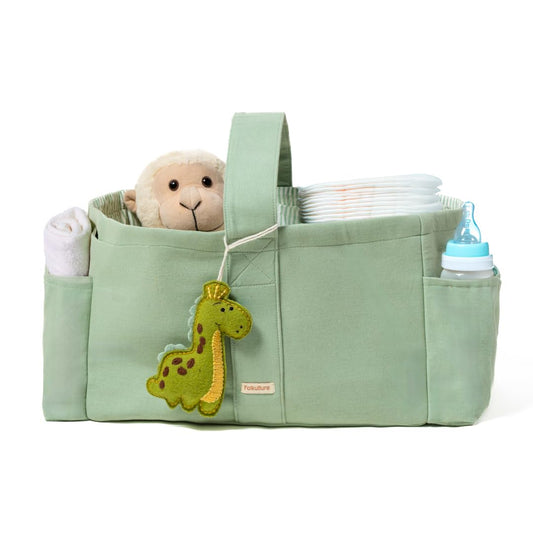 Folkulture Baby Diaper Caddy | Cotton Diaper Bag for Kids - Stylish Comfort Spacious Travel Essential Cart | Nursery Storage Bin and Car Organizer for Diapers, Wipes - (Sage Green - 15")