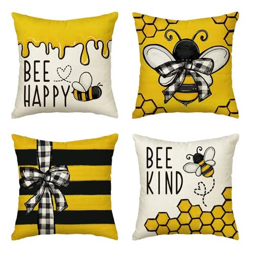 AVOIN colorlife Bee Happy Bee Kind Throw Pillow Covers, 16 x 16 Inch Honey and Bee Summer Cushion Case Decoration for Sofa Couch Set of 4
