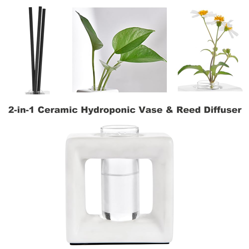 ORGJ Ceramic Propagation Station - 2-in-1 Water Propagation Vase & Aroma Diffuser for Plants, Geometric Propagation Tubes with Plant Rooting Containers, Modern White Decor
